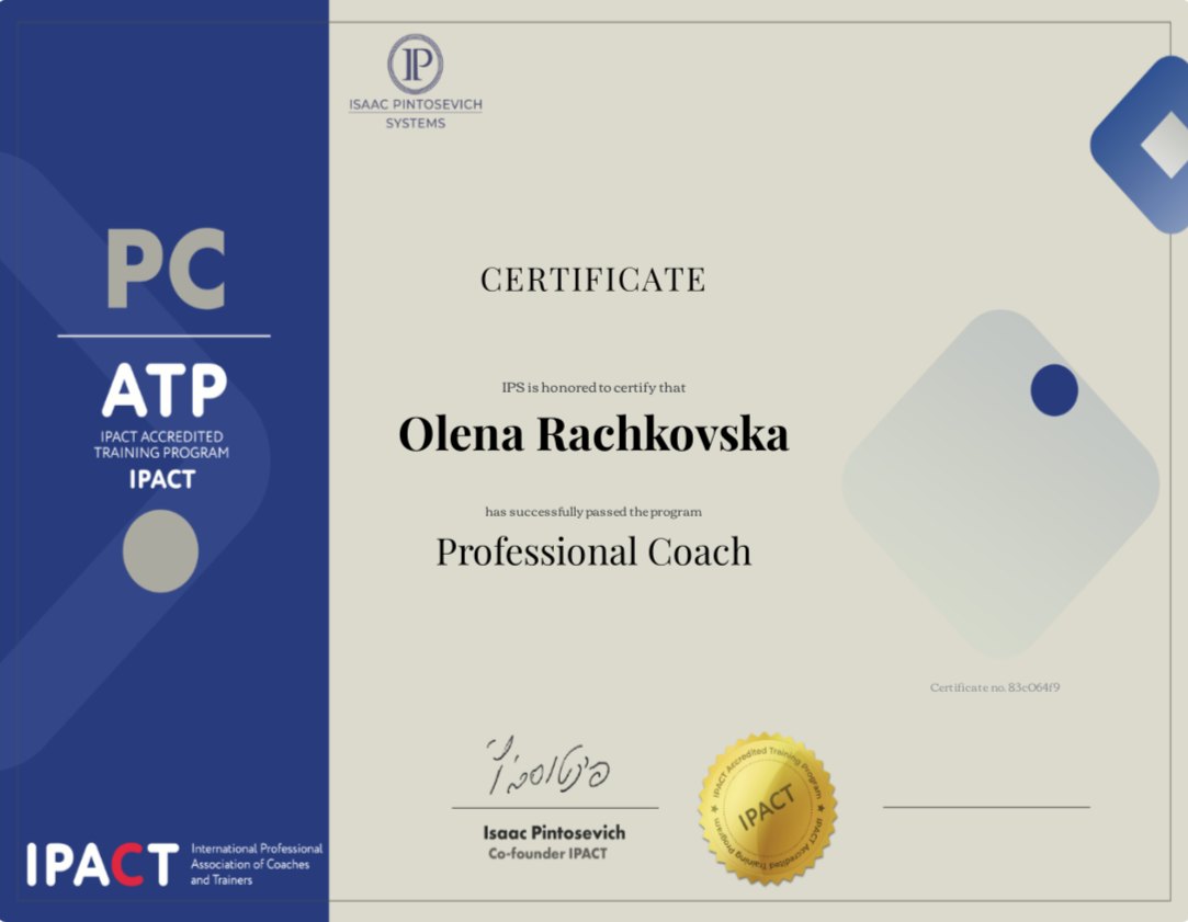 Сертифікат IPACT — Professional Coach, Олена Рачковська