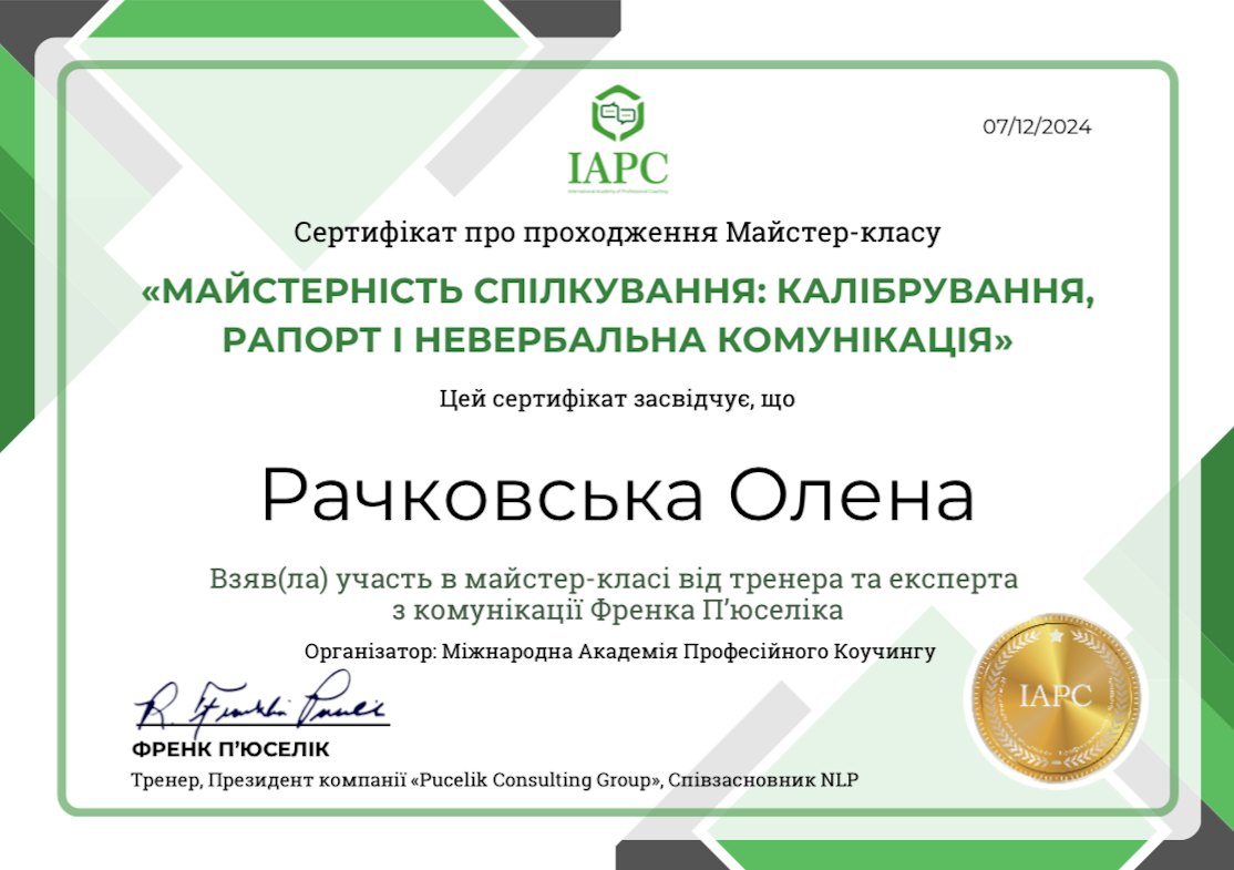 Сертифікат майстер-класу «Майстерність спілкування» від IAPC — Олена Рачковська