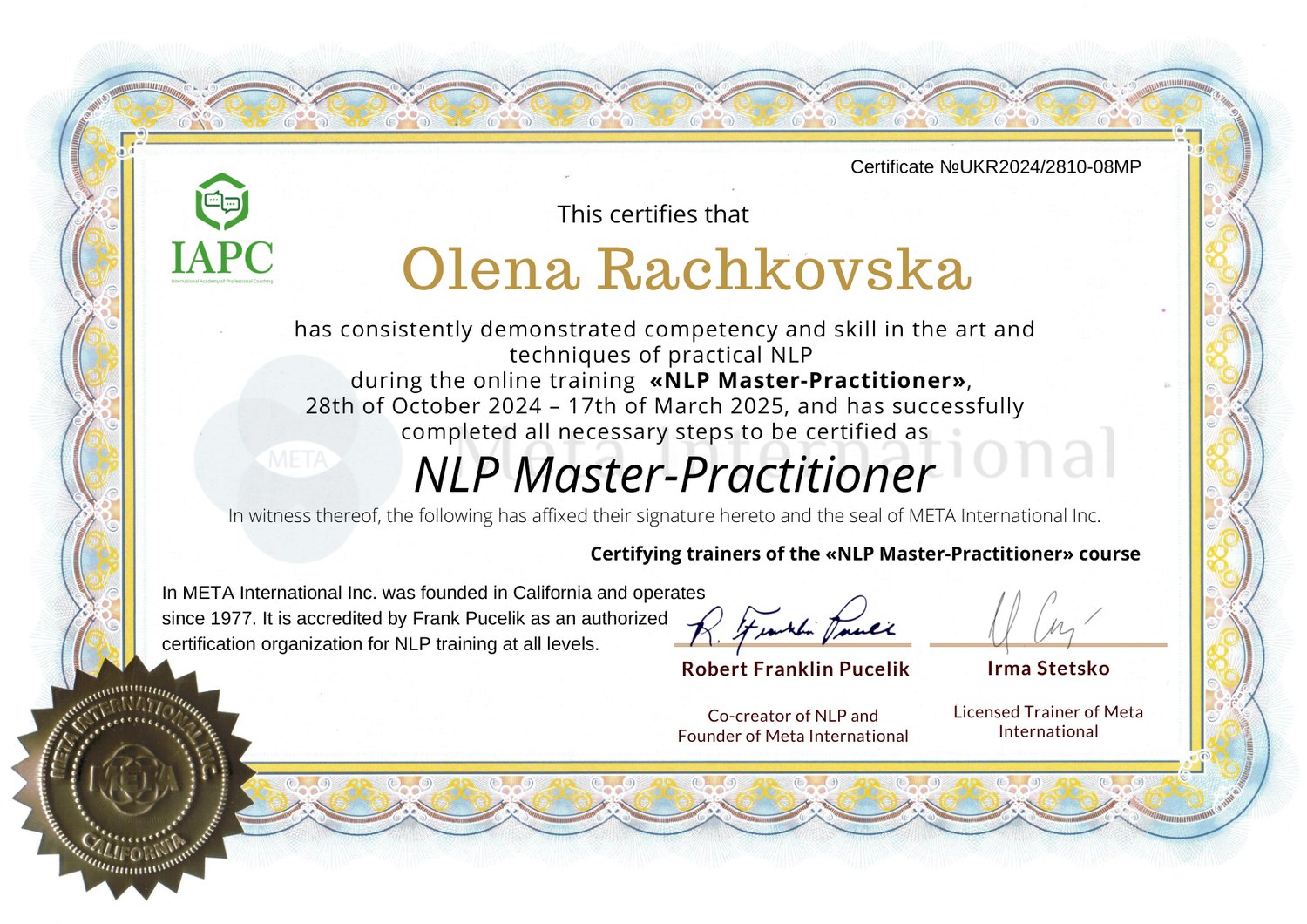 Сертифікат NLP Master-Practitioner, META International — Олена Рачковська