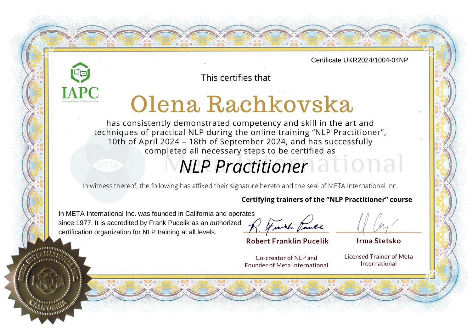 Сертифікат NLP Practitioner, META International — Олена Рачковська